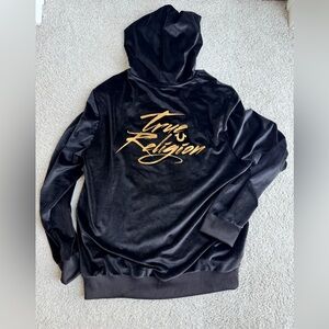 True Religion | RARE Y2K Hoodie | Black Velour Logo Hoodie | (Calli TR) - Men XL